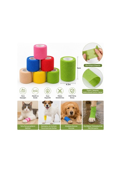 Bakgelal Kedi Ve Köpekler İçin Kendinden Yapışkanlı Elastik Sargı Bezi 5 Cm X 4.5 M Veteriner Pati Ve Yara Koruma Band