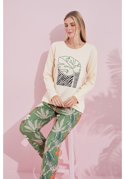 Siyah İnci Pamuklu Örme Pijama Takım 24240175 Krem