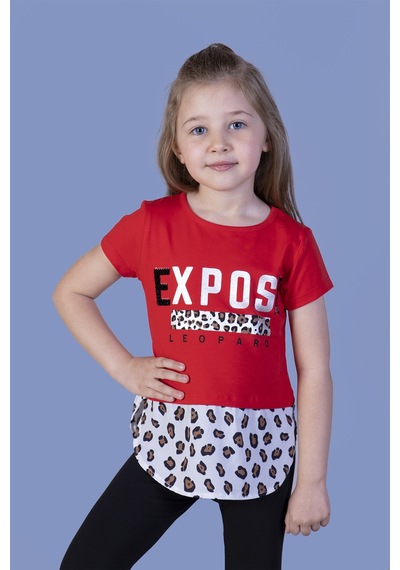 Toontoy Kids Toontoy Kız Çocuk Leopar Desenli Poplin Detaylı Tişört Kırmızı