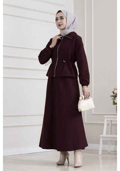 Sevitli Beli Tünelli Fermuarlı Etekli Takım-bordo-5627 Bordo