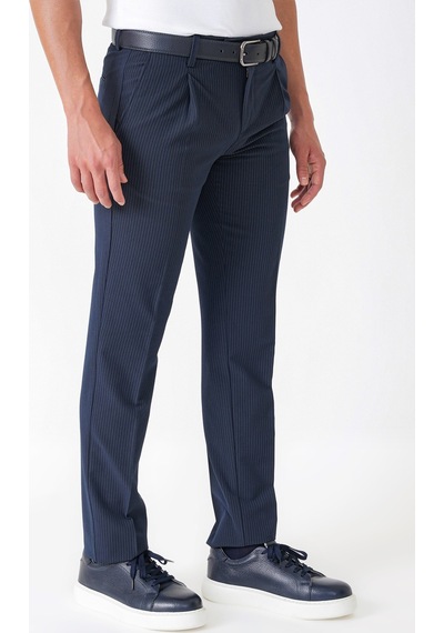 Comfort Fit Rahat Kalıp Pileli Esnek Pamuklu Çizgili Lacivert Jogger Pantolon P 1218