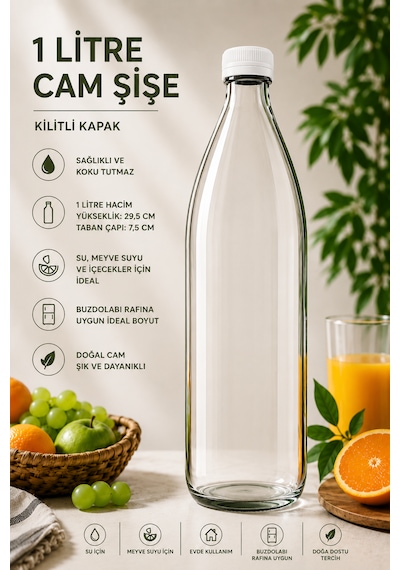 1 Adet Beyaz Bn-sıyah28cm1litrecamsıseplastik Kapaklı Cam Şişe 1 Litre Şeffaf Sürahi Süt, Ayran, Su, Limonata Meşrubat Şişesi