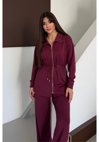 Balenbi Oversize Fermuarlı Beli Bağcıklı Polo Yaka Modal Kadın Takım 1196 - Form Serisi Bordo Balenbi Oversize Fermuarlı Beli Bağcıklı Polo Yaka Modal Kadın Takım 1196 - Form Serisi Bordo