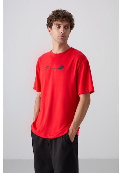 Tommy Life Fiesta Pamuklu Kalın Yumuşak Dokulu Oversize Fit Baskılı Erkek T-shirt - 88330 Kirmizi