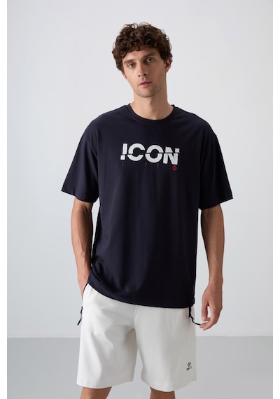 Tommy Life Lacivert Pamuklu Kalın Yumuşak Dokulu Oversize Fit Baskılı Erkek T-shirt - 88331 Lacivert