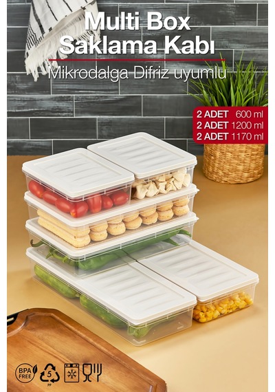 Multi Box 6 Parça 3 Farklı Boy Saklama Kabı Seti - Dondurucu & Mikrodalga Uyumlu Krem