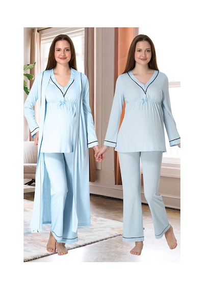 Angbutik Effortt 4054 Biye Detaylı Sabahlıklı Lohusa Pijama Takımı mavi