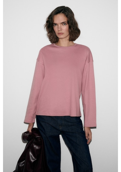 Grımelange Neat Kadın Organik Pamuklu Bisiklet Yaka Oversize Fit Uzun Kollu Pembe T-shirt Pembe