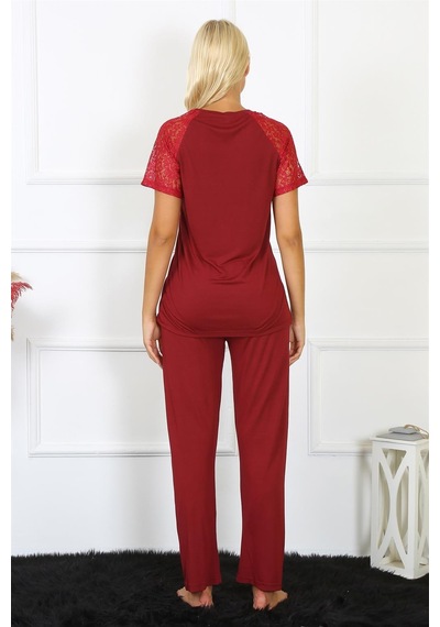 Akbeniz Kadın Kolu Dantelli Penye Pijama Takım 4152 - S Bordo