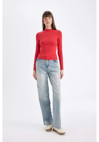 Defacto Kırmızı Slim Fit Dar Kesim Yarım Balıkçı Yaka Casual Basic Düz Uzun Kollu Tişört D3575AX24AURD227 Kırmızı