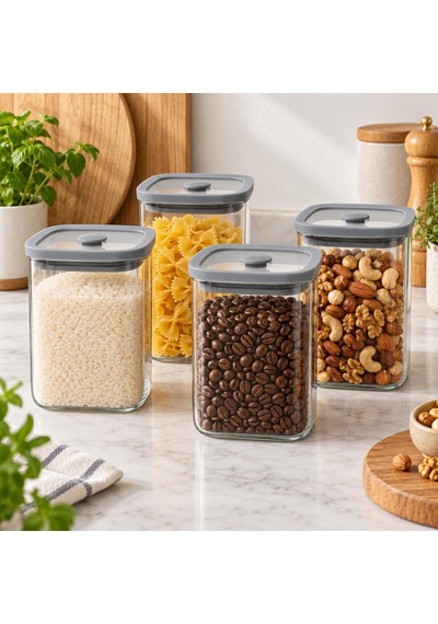 4'lü 1000 Ml Gri Kapaklı Cam Kavanoz Sızdırmaz Saklama Seti Çok Renkli