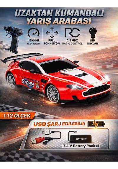 TıfılToys Uzaktan Kumandalı Full Fonksiyon Şarjlı Işıklı 1:12 Ölçekli Süper Hızlı Kırmızı Yarış Arabası
