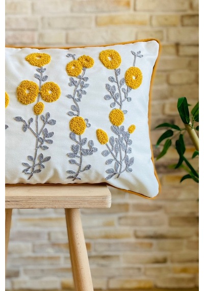Swita Home Punch İşlemeli Tekli Dekoratif Papatya Desen Kırlent Kılıfı Panç Sarı - Beyaz