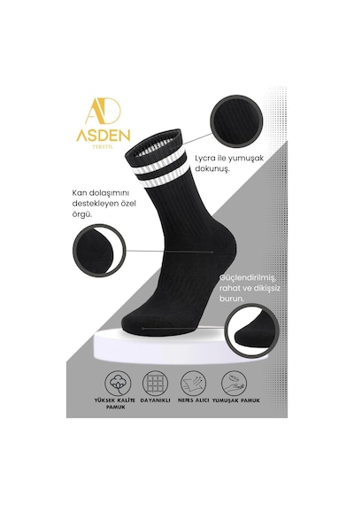 Asden Bambu Erkek Kolej Tenis Çorap Premium, 3'lü Paket 40-45 Siyah