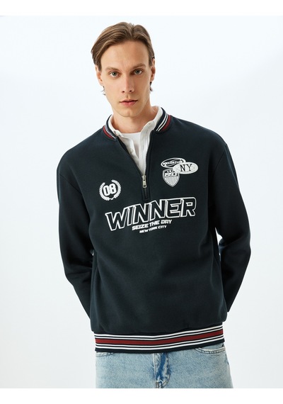 Koton Şardonlu Pamuk Karışımlı Slogan Baskılı Yarım Fermuarlı Sweatshirt Lacivert 5wam70180mk Lacivert