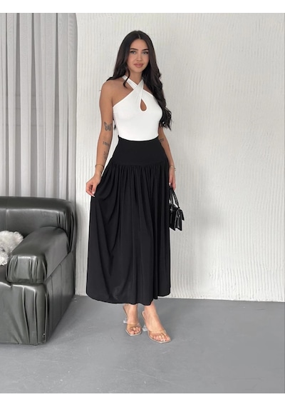 Wear Vexel Sandy Uzun Beli Lastikli Yüksel Bel Etek Yazlık - Siyah Çok Renkli