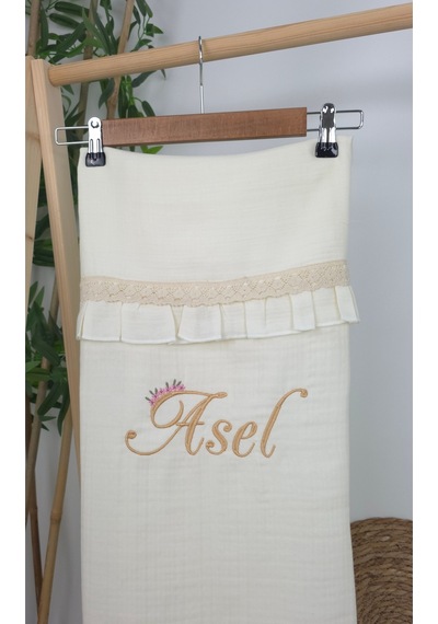 Gros Shop Müslin Yeni Doğan 4katlı Organik %100pamuk Kişiye Özgü Nakışlı Hastane Çıkış Seti Papatya Model-2 Ekru
