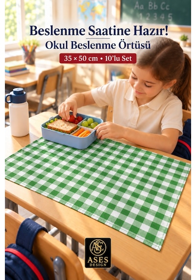 10 Lu Yıkanabilir Beslenme Örtüsü 35x50 Cm Yeşil Beyaz Kareli Anaokulu Ve İlkokul