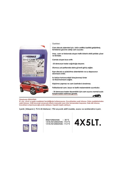 Powermax Antifirizli Oto Cam Suyu -35 Derece 4X5Litre1Ko