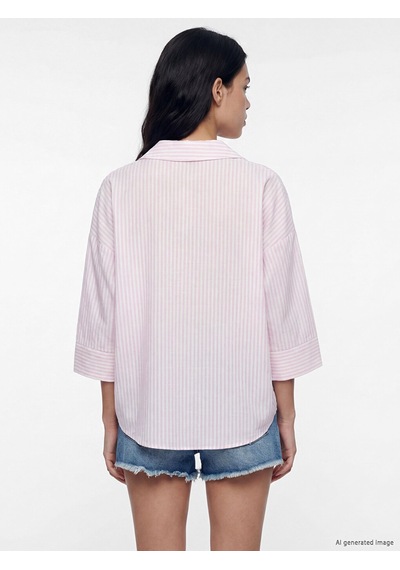 Lcw Vision Pembe Çizgili Oversize Poplin Kadın Gömlek