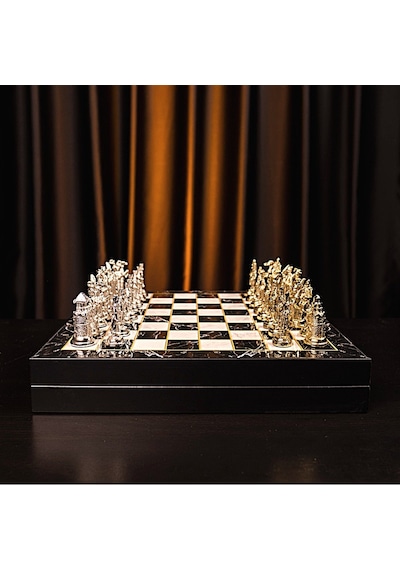 Gifthome Büyük Boy Metal Osmanlı-bizans Satranç Tk. Parlak Ve Mermer Desenli Sandıklı Mdf Tahtası 36x36 Cm.