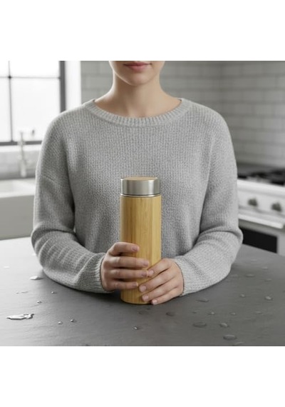450 Ml Bambu Kaplamalı Çelik Termos - Klasik Bardak Kapaklı Sıcak Ve Soğuk Tutucu Seyahat Termosu Açık Beyaz