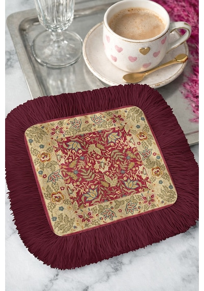 Saray İhtişamlı Saçaklı Sunum Peçetesi - Vintage Çiçek Motifli Bohem Bordo Bardak Altlığı Mendil Orman Beyaz