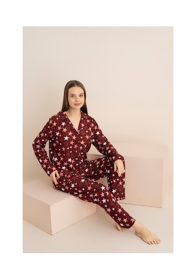 Rindahomewear Kadın Bordo Yıldız Desenli Yumuşak Dokulu Süet Düğmeli Pijama Takımı Bordo