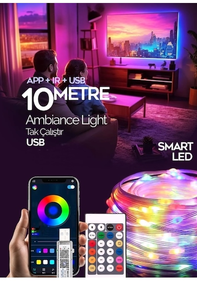 Bluetoothlu Usb Led Işık 10 Metre Rgb Çok Renkli Sese Duyarlı Çok