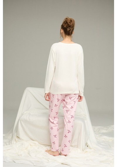 Siyah İnci Pamuklu Bisiklet Yaka Örme Pijama Takım 25241147 Ekru
