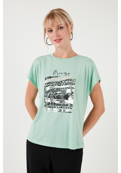 Lela Baskılı Bisiklet Yaka Regular Fit Bayan T Shirt 6671000 Mint