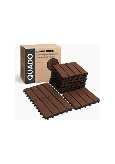 Quado Akasya Ahşap Yer Karosu 30x30x2,25 Cm 4 Dilimli Geçmeli Deck Karo Balkon, Teras, Bahçe Ve Duş