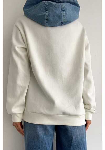 Femelle Kadın Yeni Sezon Inci Zımbalı Kot Detaylı Kapüşonlu Oversize Sweatshirt Ekru