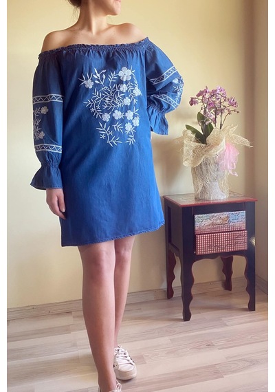 Mia Butik Kadın Mavi Nakış İşleme İnce Kot Elbise-252 Mavi