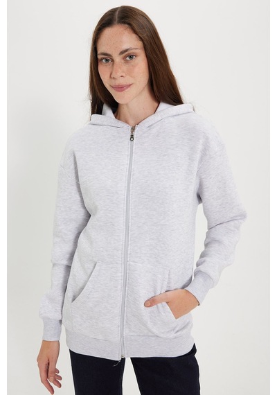 Tudors Kadın Oversize Geniş Kesim %100 Pamuk Kapüşonlu Fermuarlı Cepli Gri Sweatshirt-52773