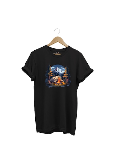 Yazlık Kamp Doğa Çadır Ve Dağ Baskılı %100 Pamuk Regular Fit Bisiklet Yaka T-shirt Siyah