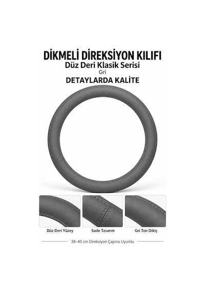 Trobus Renault Kangoo 2024 Ve Sonrası Uyumlu Dikmeli Direksiyon Kılıfı Düz Deri Klasik Gri