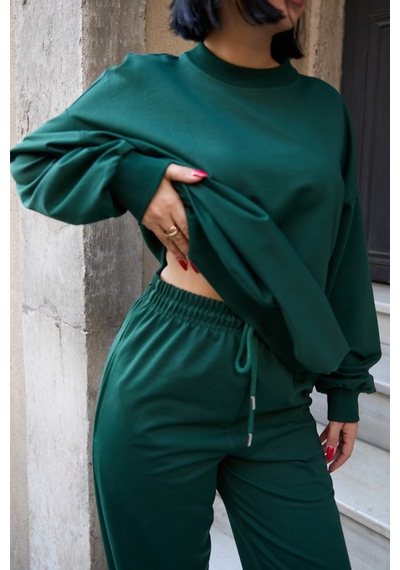 Mezka Regular Fit 2'li Takım Sweatshirt Beli Lastikli Jogger Eşofman Altı Yeşil