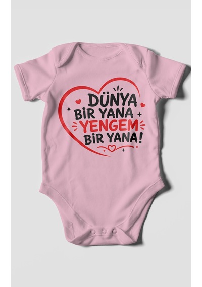 Morivokids Dünya Bir Yana Yengem Bir Yana Kısa Kollu Bebek Body %100 Pamuk Koyu Pembe