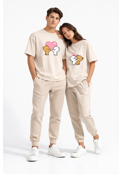 Sevgili Kombini Ayıcık Kalp Baskılı Çift Tişört Oversize Unisex Partner Kombin Seti Bej