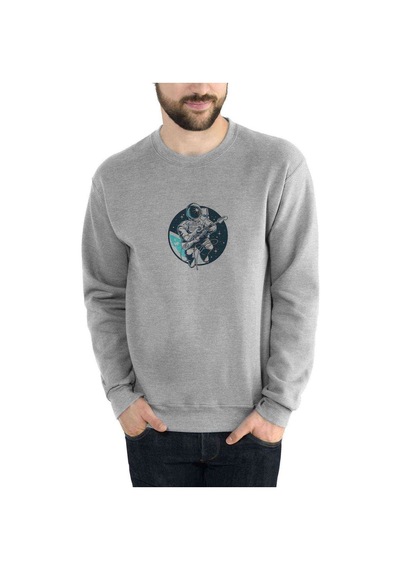 Astronaut Guitar Baskılı Gri Erkek Örme Sweatshirt