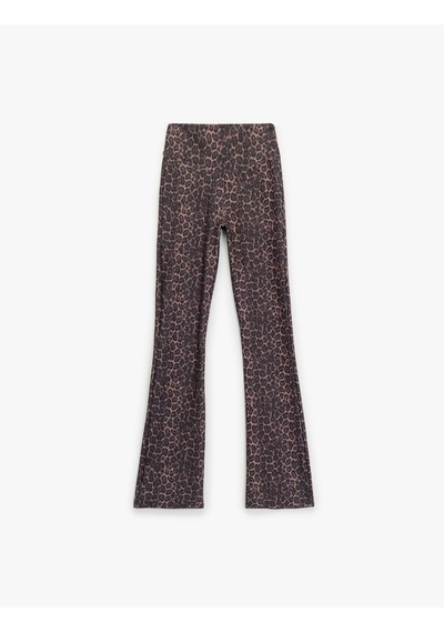 Koton İspanyol Paça Spor Tayt Leopar Desenli Slim Fit Yumuşak Tuşe Yüksek Bel Kahverengi Desenli 7wak40023nk