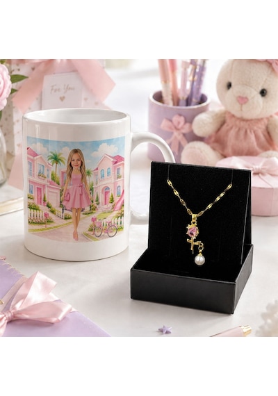 Bk Gift Kişiye Özel Karikatürlü Oyuncak Bebek Tasarımlı Kırlent Yastık & Beyaz Kupa & Kolye -14 Kız Çocuklarına Özel Hediye Seti