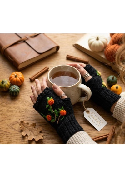 Newdaycraft El Örgüsü Motifli Cadılar Bayramı Balkabağı Nakışlı Parmaksız Eldiven Siyah - Turuncu Newdaycraft El Örgüsü Motifli Cadılar Bayramı Balkabağı Nakışlı Parmaksız Eldiven Siyah - Turuncu