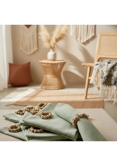 Premium Keten Adaçayı Yeşili 6lı Peçete Takımı 40x40 Toka Yeşil