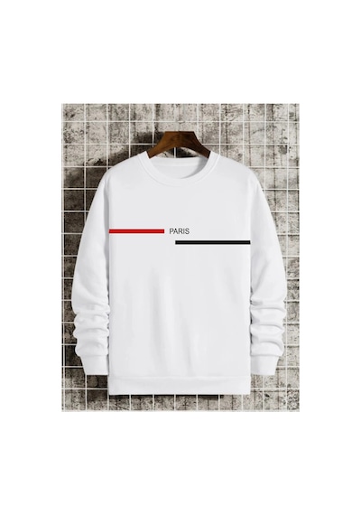 Tarzsokak Siyah Oversize Paris Şerit Baskılı Pamuklu Kapşonsuz Bisiklet Yaka Unisex Sweatshirt Beyaz