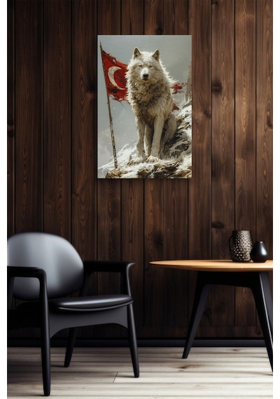 Arkasında Türk Bayraklı Beyaz Kurt Yağlı Kanvas Tablo