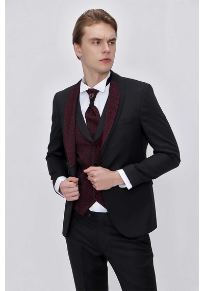 Morven Erkek Siyah Santos Çıkma Yaka Slim Fit Damatlık Siyah
