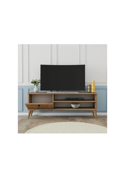 120 Cm Uzunluğunda Sepet Rengi Retro Tv Ünitesi, Şık Tasarım Açık Ceviz