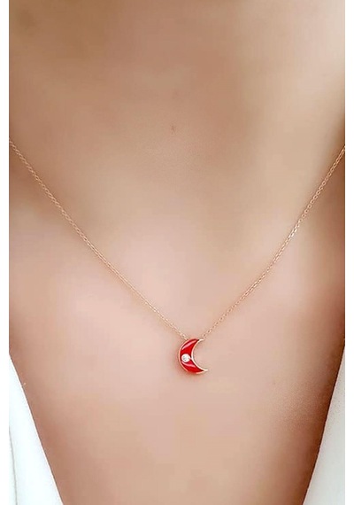 Kırmızı Mine Işçiliği Ay Figürlü Gümüş Rose Minimal Kolye